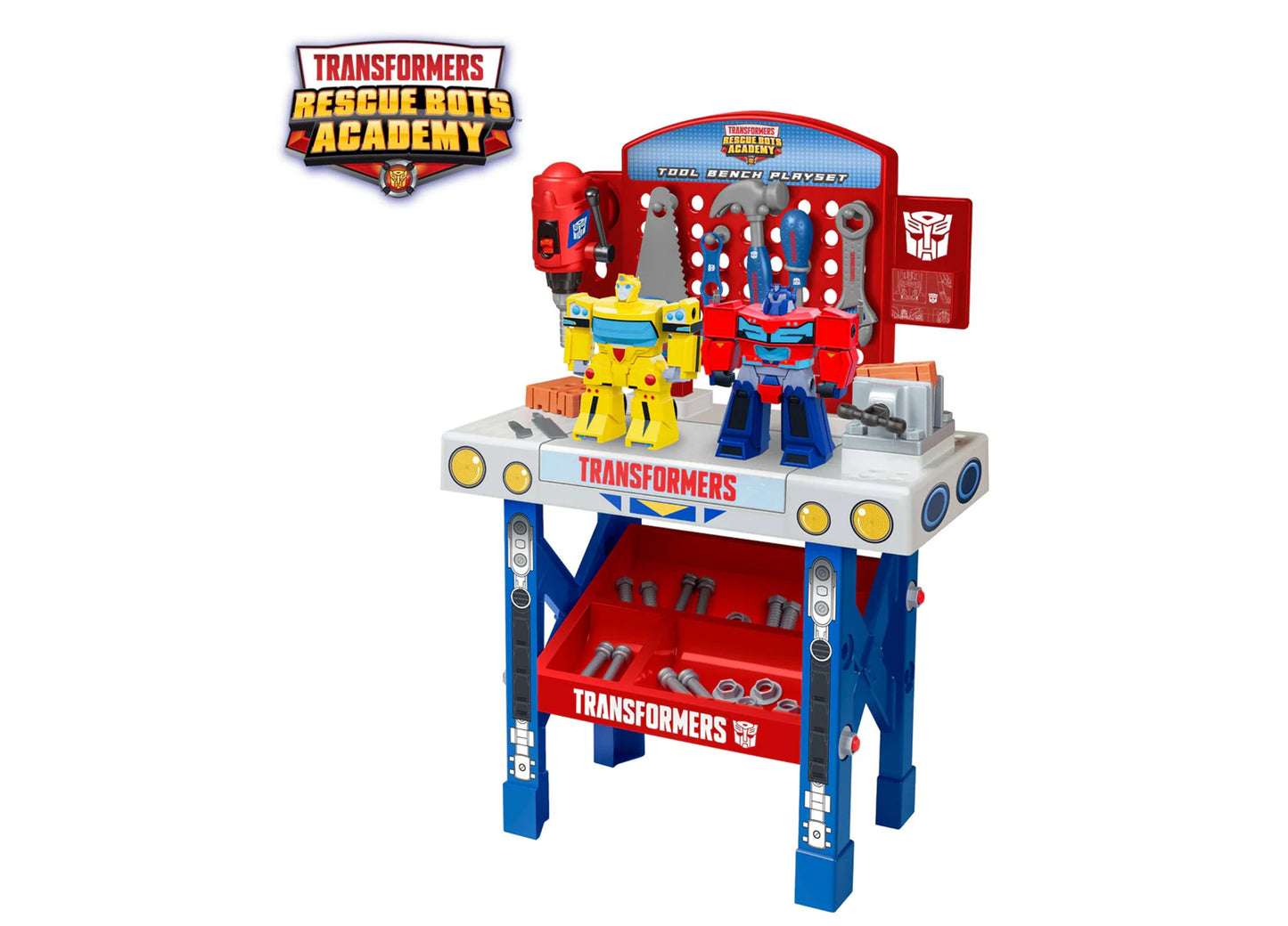 Transformers Rescue Bots Academy Tool Bench Playset with yellow and blue robot figures