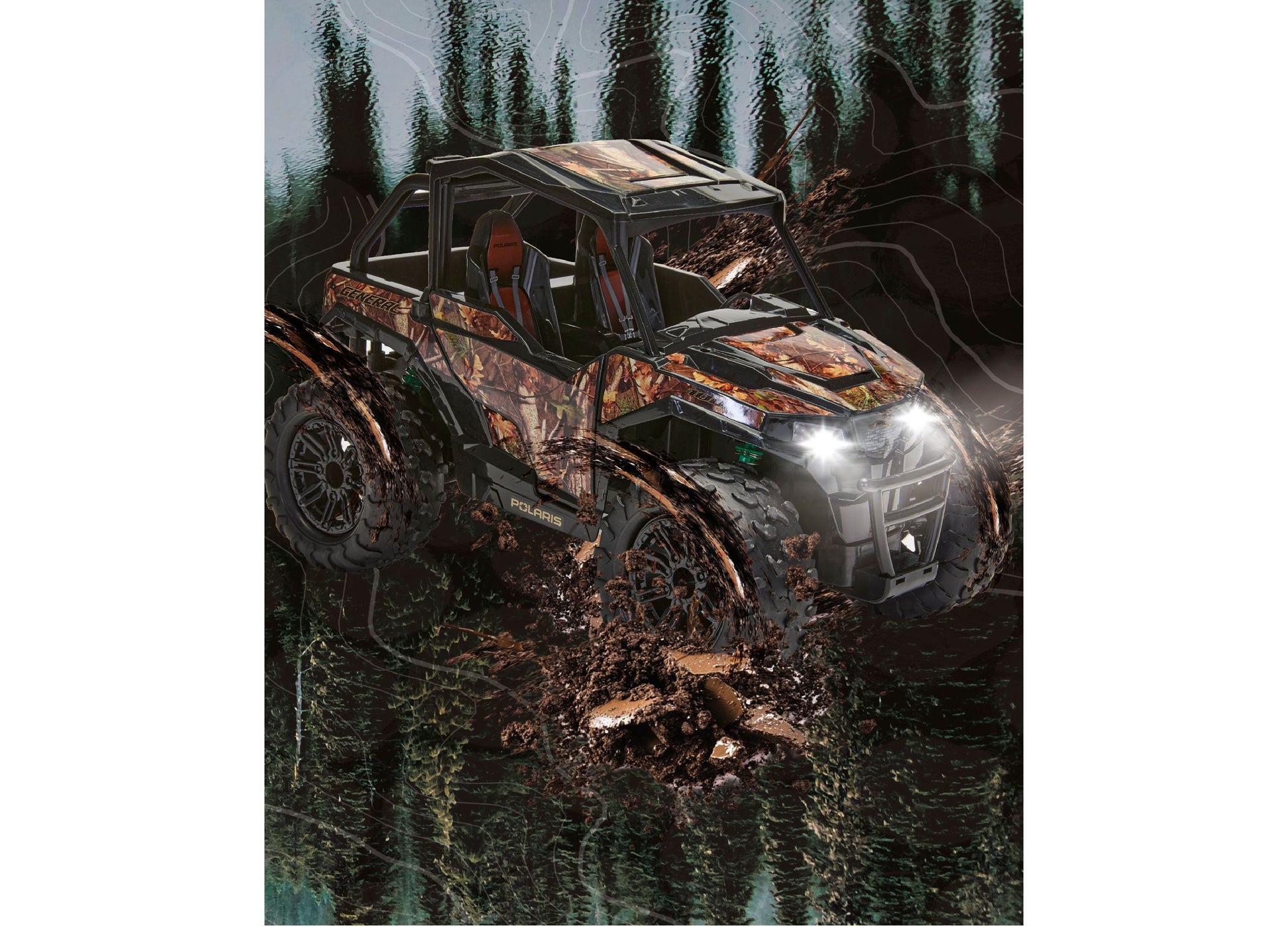 Sharper Image Polaris General 1:14 RC vehicle in camo muddy terrain with LED headlights