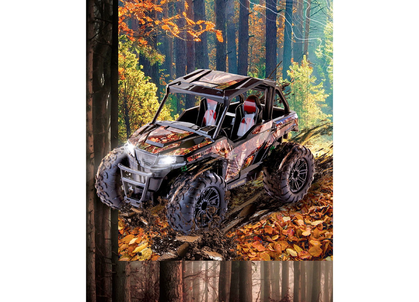 Sharper Image Polaris General 1:14 RC vehicle with camo design in forest setting