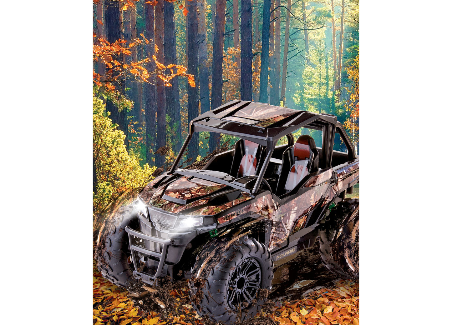 Sharper Image Polaris General 1:14 RC vehicle in camo with mud on forest trail