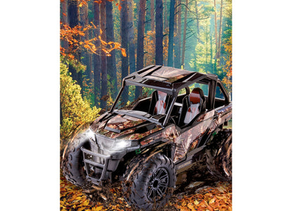 Sharper Image Polaris General 1:14 RC vehicle in camo with mud on forest trail