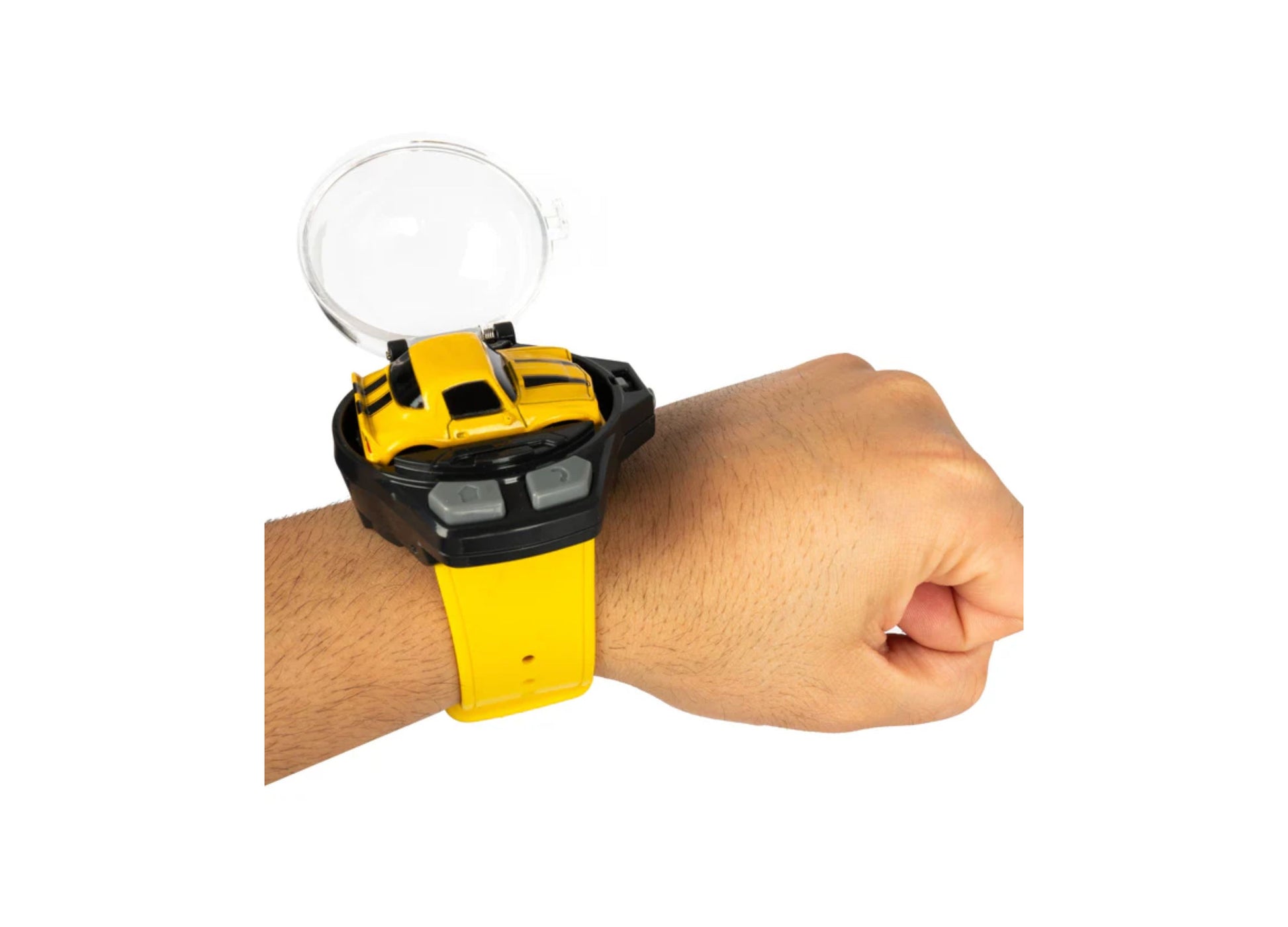 World Tech Toys Bumblebee Wrist Case Mini RC Truck in yellow and black worn on wrist
