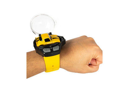 World Tech Toys Bumblebee Wrist Case Mini RC Truck in yellow and black worn on wrist