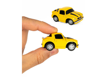 World Tech Toys Transformers Bumblebee mini RC truck in yellow, shown in hand and displayed