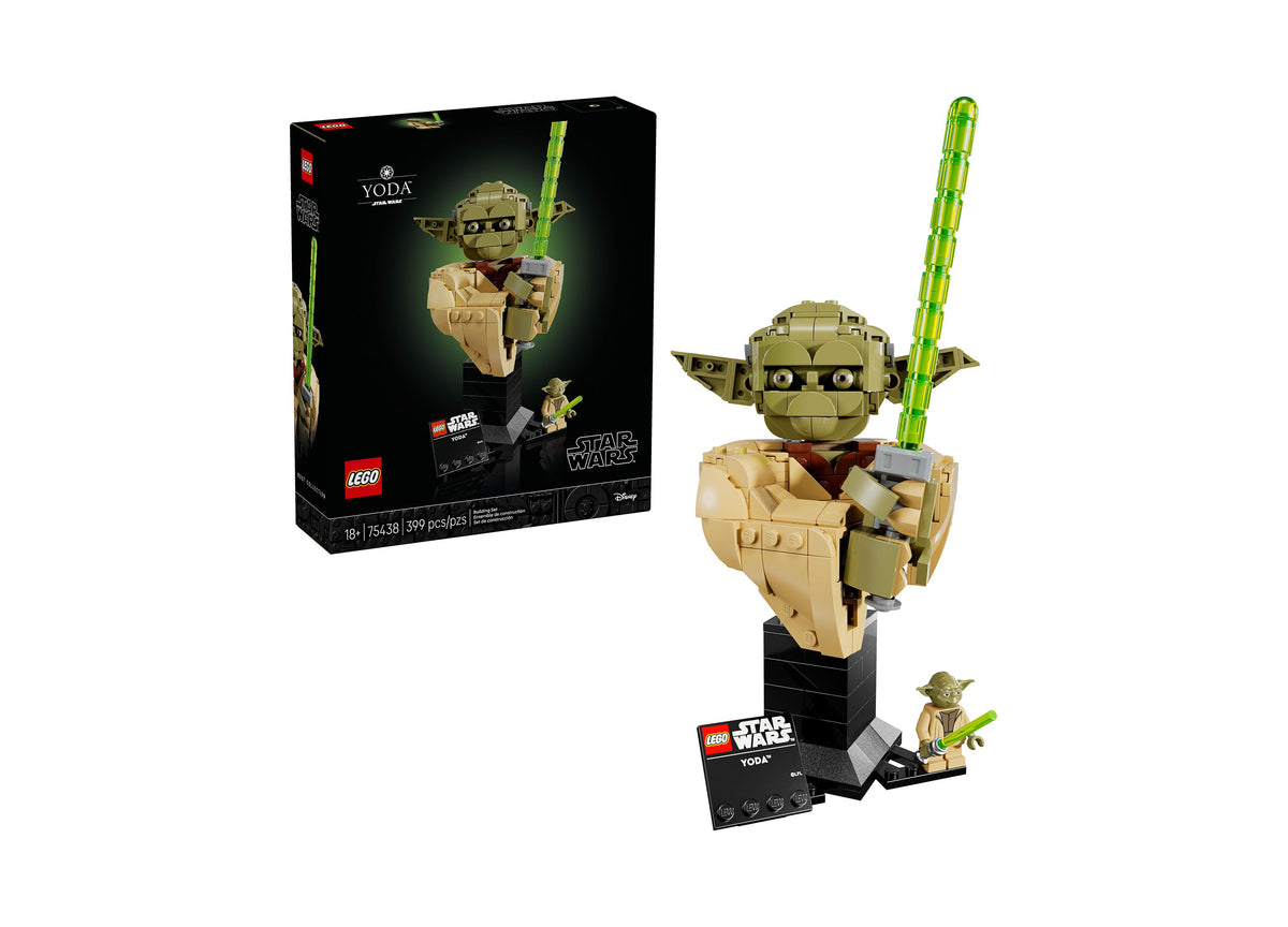 LEGO Star Wars Yoda Bust Building Set with tan head, pointed ears, lightsaber, and minifigure