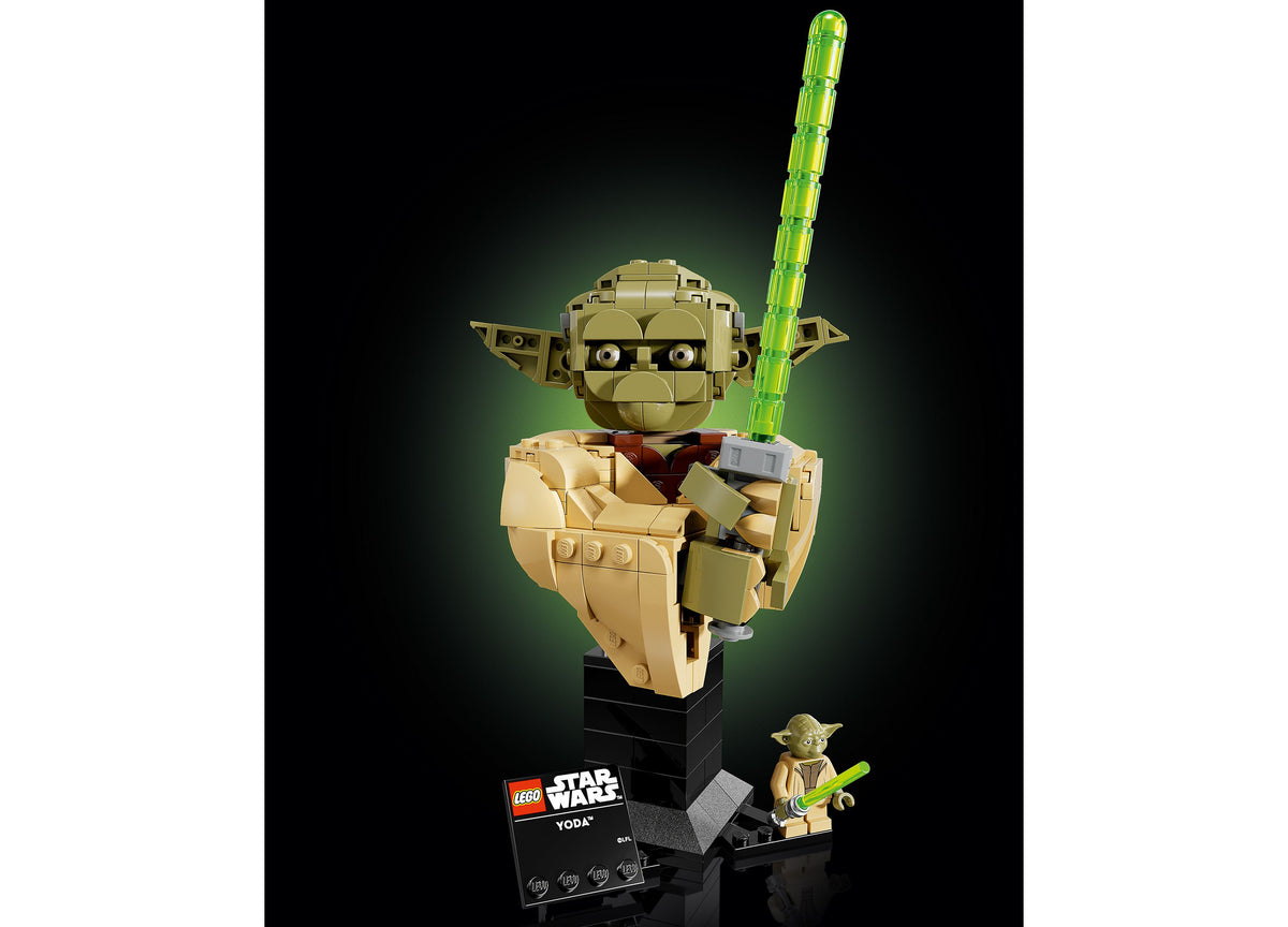 LEGO Star Wars Yoda Bust Building Set with tan head, pointed ears, green lightsaber, and minifigure