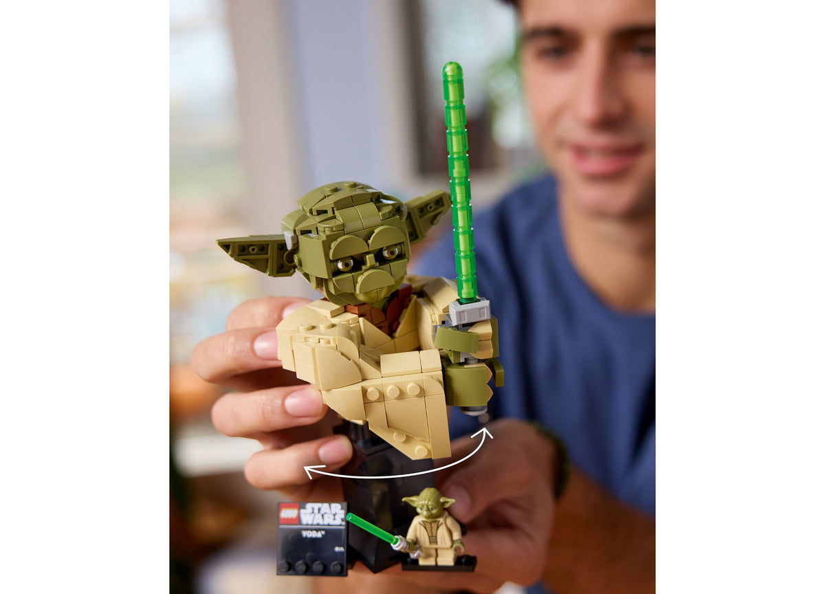 LEGO Star Wars Yoda Bust Building Set with tan and green pieces, green lightsaber, and minifigure