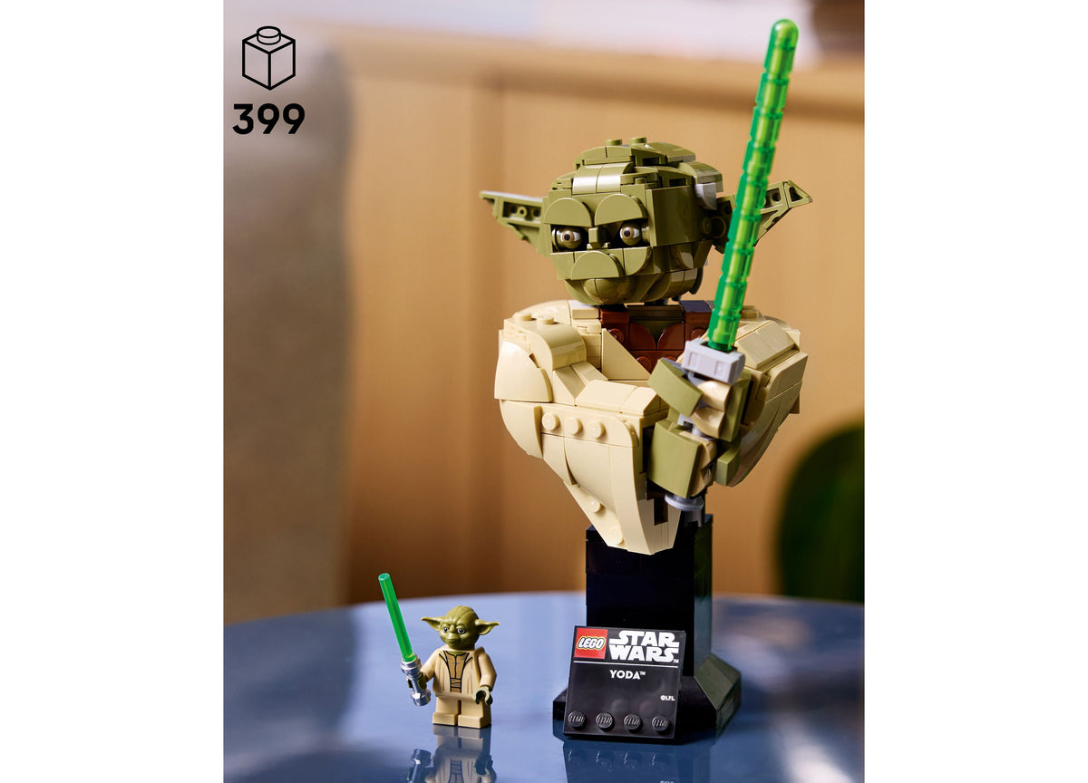 LEGO Star Wars Yoda Bust Building Set with 399 pieces, featuring tan and green colored bust standing over 8 inches ta...