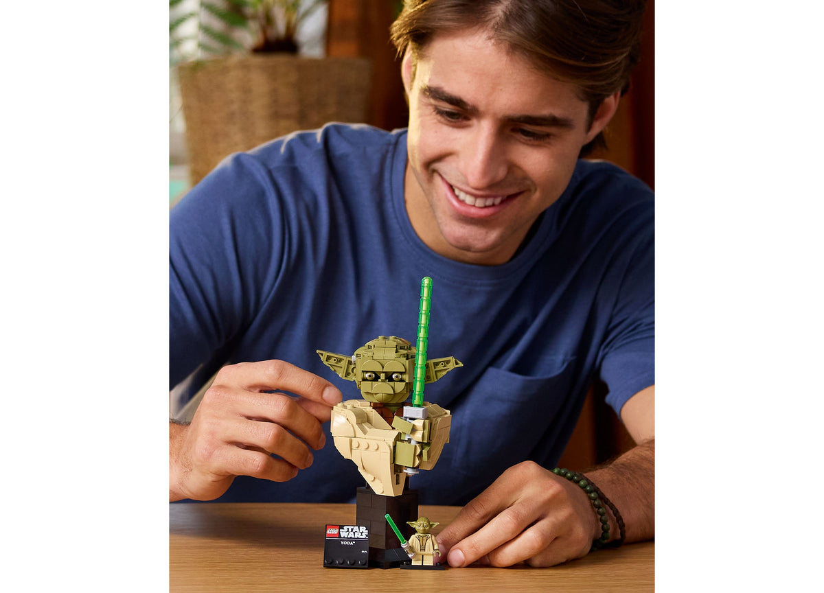LEGO Star Wars Yoda Bust Building Set with tan head, pointed ears, green lightsaber, and minifigure