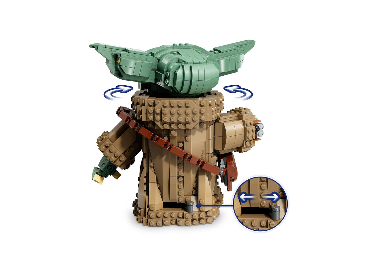 LEGO Star Wars Grogu Mandalorian Apprentice Building Set with posable green-eared figure in tan and brown armor, acce...