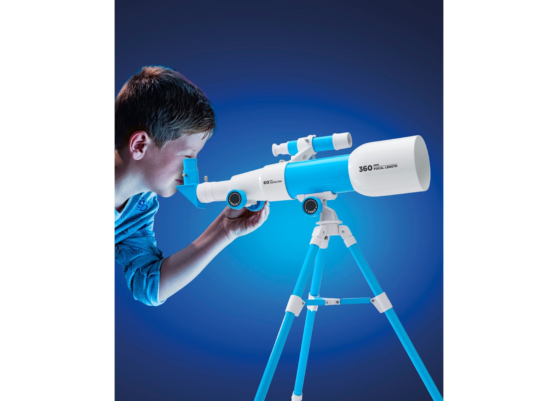 Discovery Kids Toy Telescope with blue and white tripod, 60mm aperture, 360mm focal length