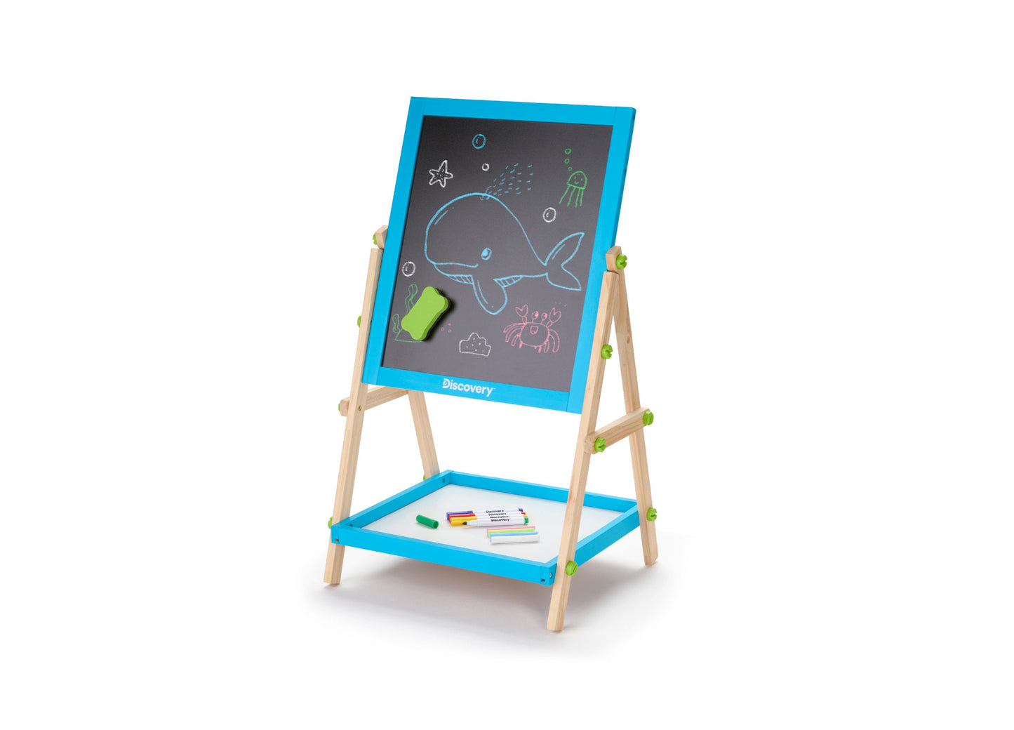 Discovery Kids 2-In-1 Easel with blue frame, wooden legs, chalkboard with colorful drawings, and whiteboard base