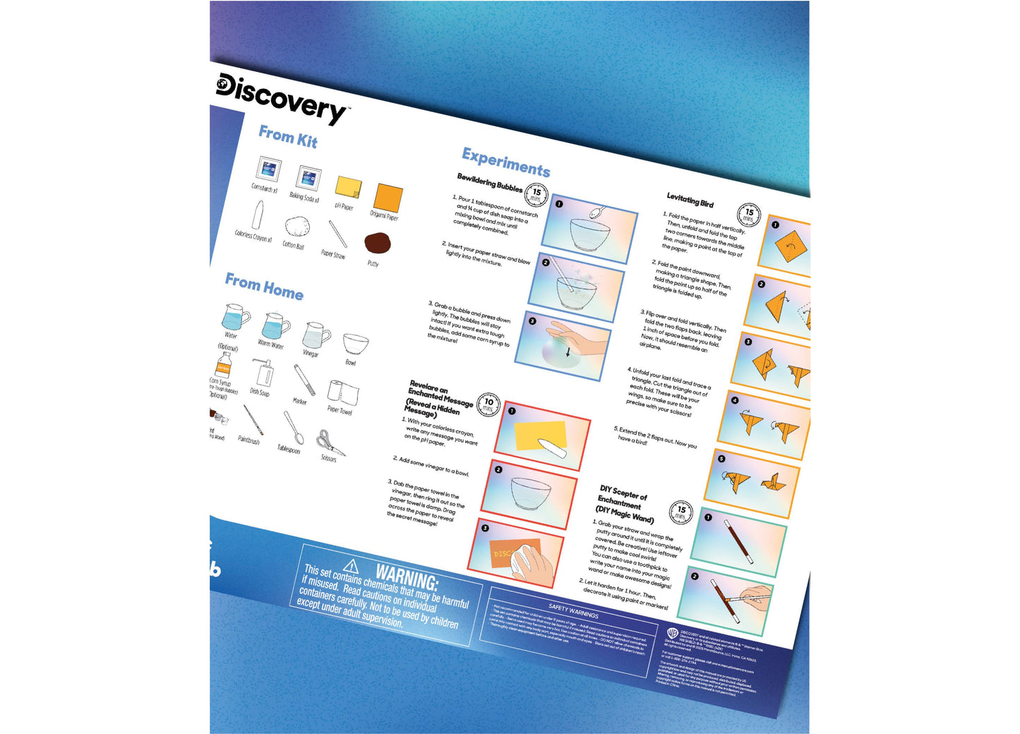 Discovery Kids Magic Science Lab Mini Experiment Kit instruction guide showing colorful experiments and materials