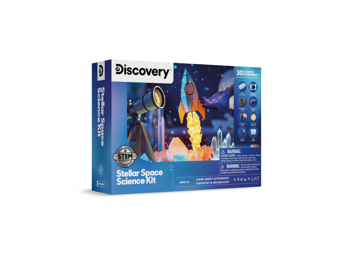 Discovery Kids Stellar Space Science Kit STEM toy with telescope, rocket, and 30 experiments on blue packaging