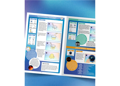 Discovery Kids Stellar Space Science Kit instruction pages showing experiments for fizzy sun reactor and moon phases