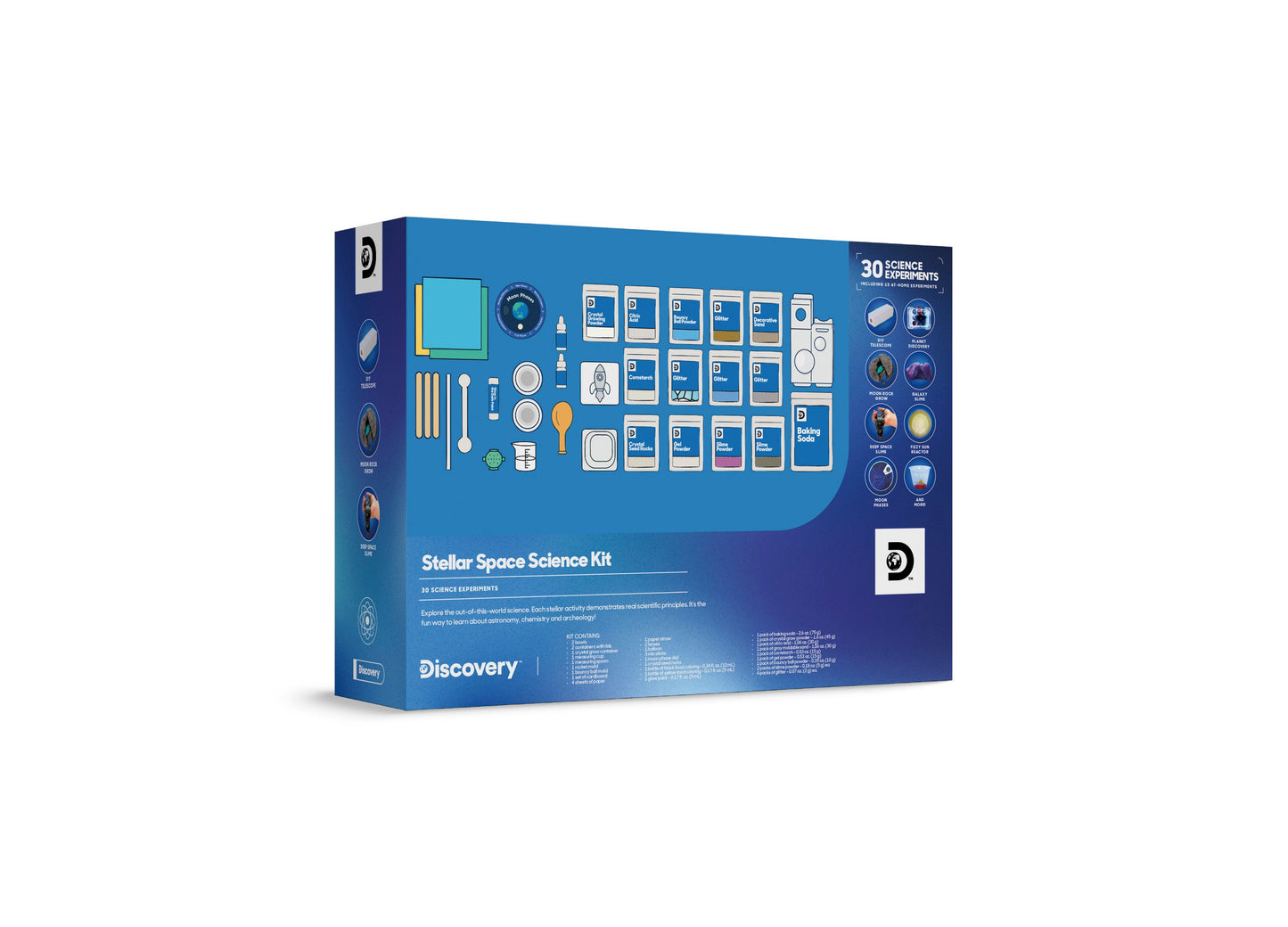 Discovery Kids Stellar Space Science Kit with 30 experiments, blue packaging showing supplies and activity cards