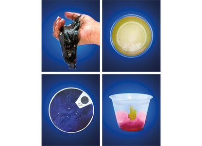 Discovery Kids Stellar Space Science Kit showing dark matter slime, galaxy model, and colorful chemical reactions