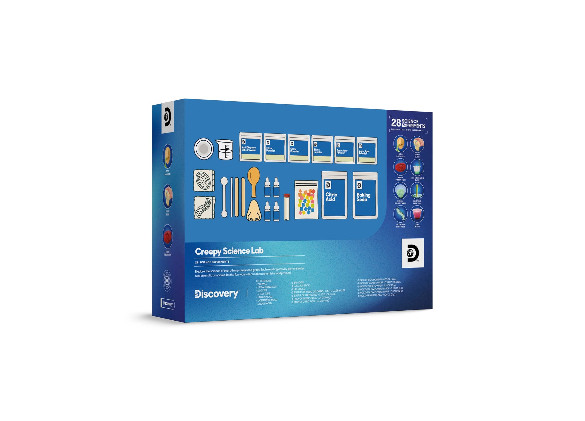 Discovery Kids Creepy Science Lab Kit with 28 experiments, blue box with scientific tools and instruction cards