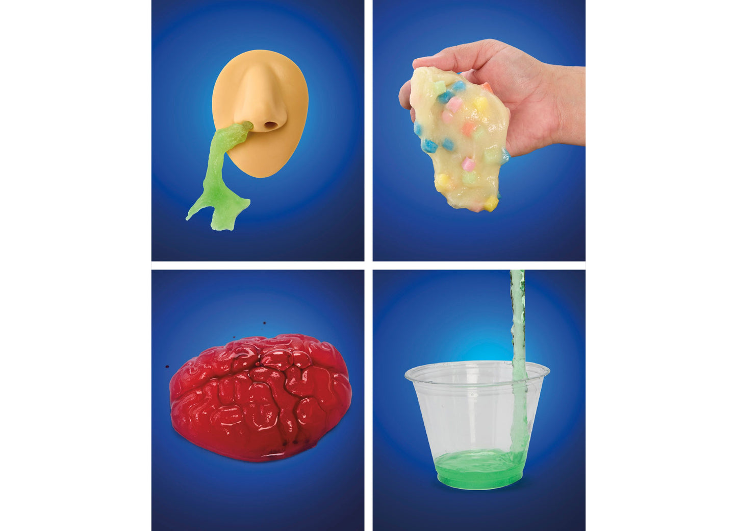 Discovery Kids Creepy Science Lab Kit showing green slime, colorful putty, red brain model, and experiments
