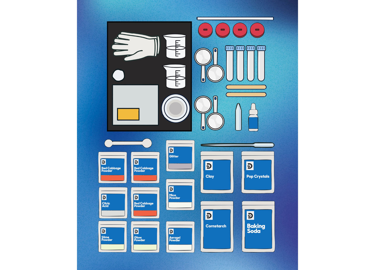 Discovery Kids Magic Experiments Lab Kit with measuring cups, powders, tools, and instruction cards