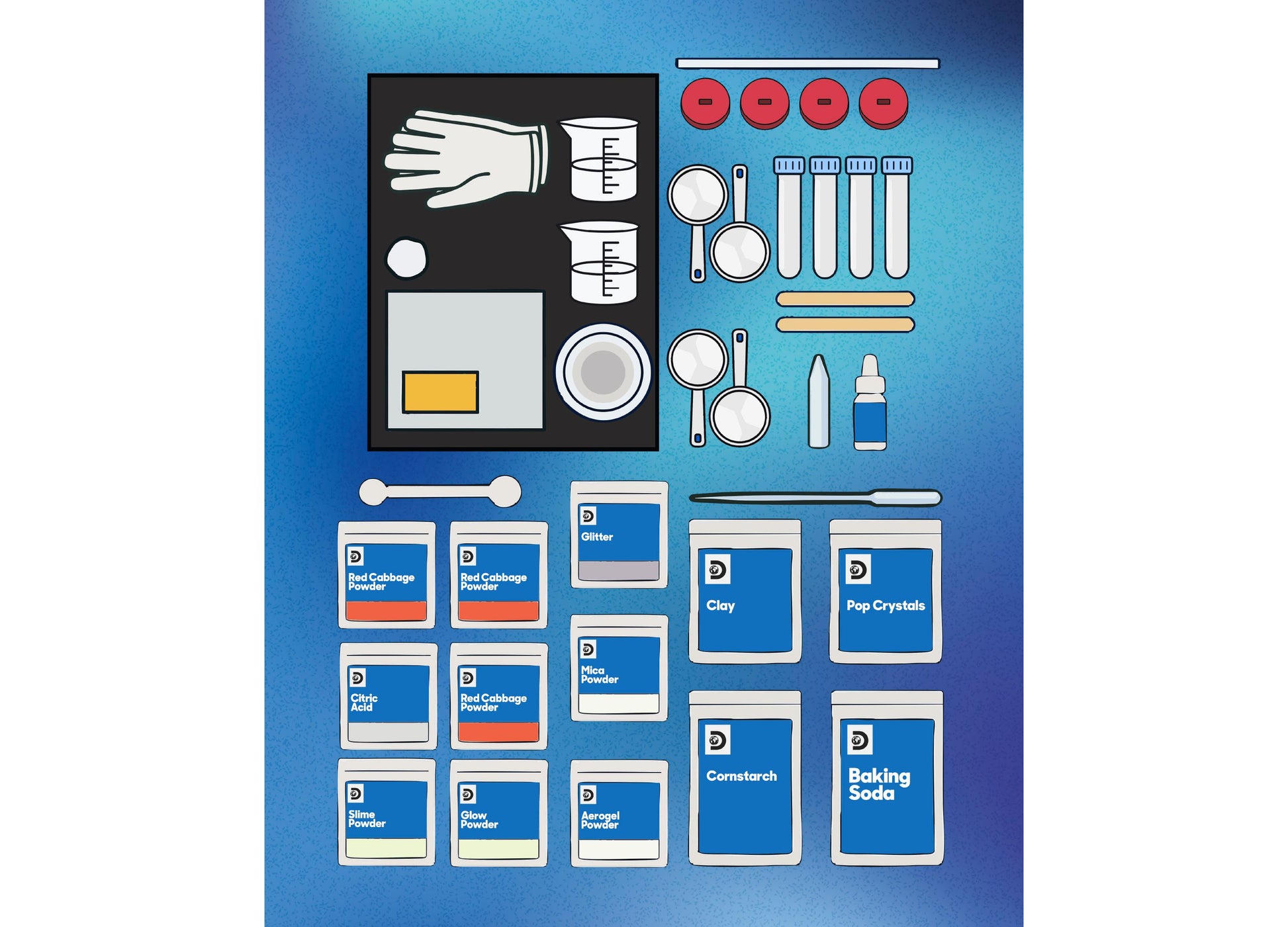 Discovery Kids Magic Experiments Lab Kit with measuring cups, powders, tools, and instruction cards