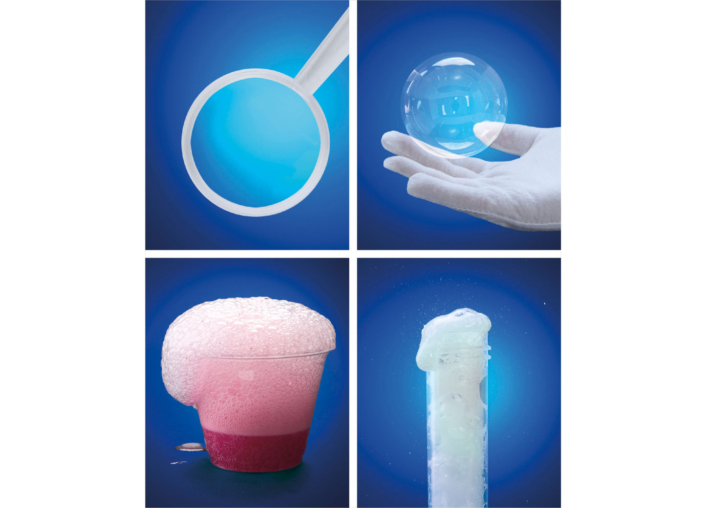 Discovery Kids Magic Experiments Lab Kit showing bubble wand, crystal sphere, foam eruption, and ice tower experiments