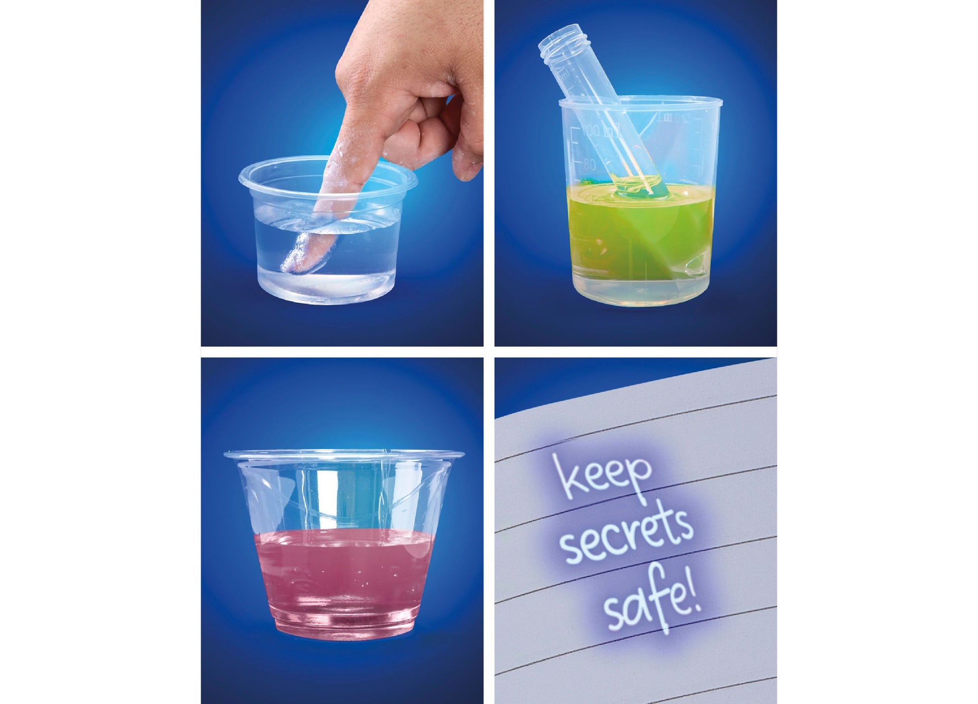 Discovery Kids Magic Experiments Lab Kit showing colorful chemical reactions in clear cups