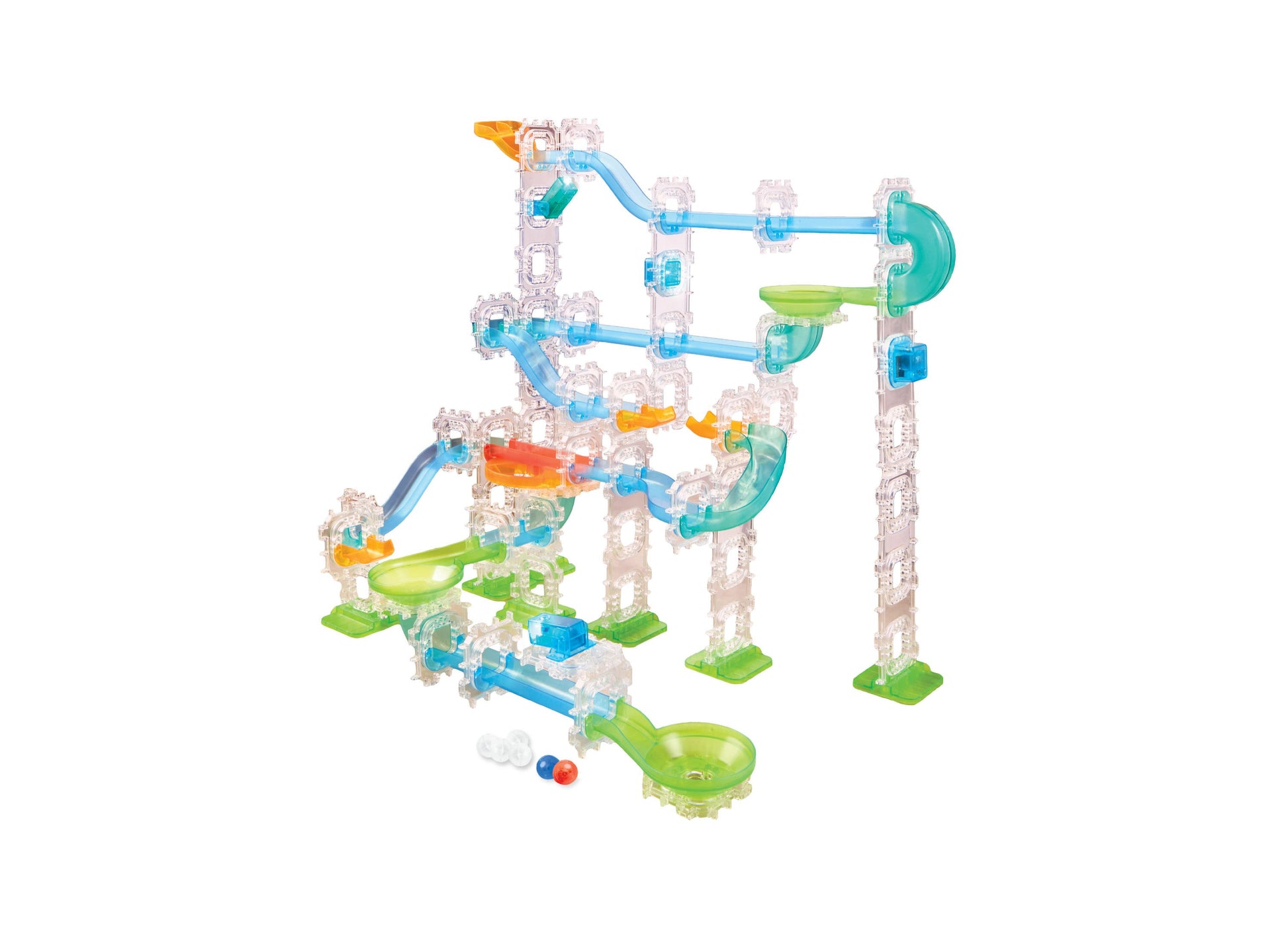 Discovery Kids MINDBLOWN Glow Roll Marble Run Light-Up Construction Set with 92 pieces, featuring translucent tubes, ...