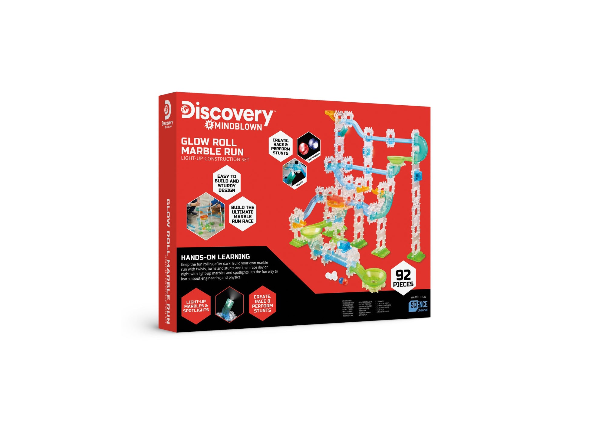 Discovery Kids MINDBLOWN Glow Roll Marble Run 92-piece light-up construction set with glowing marbles and colorful tr...