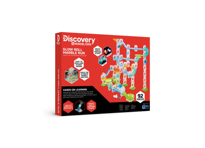 Discovery Kids MINDBLOWN Glow Roll Marble Run 92-piece light-up construction set with glowing marbles and colorful tr...