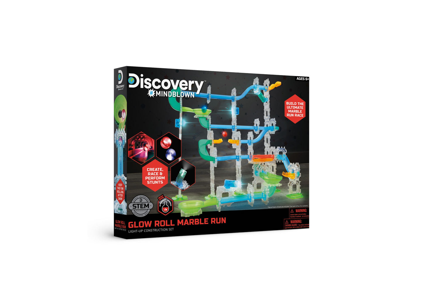 Discovery MINDBLOWN Glow Roll Marble Run light-up construction set with blue and green pieces
