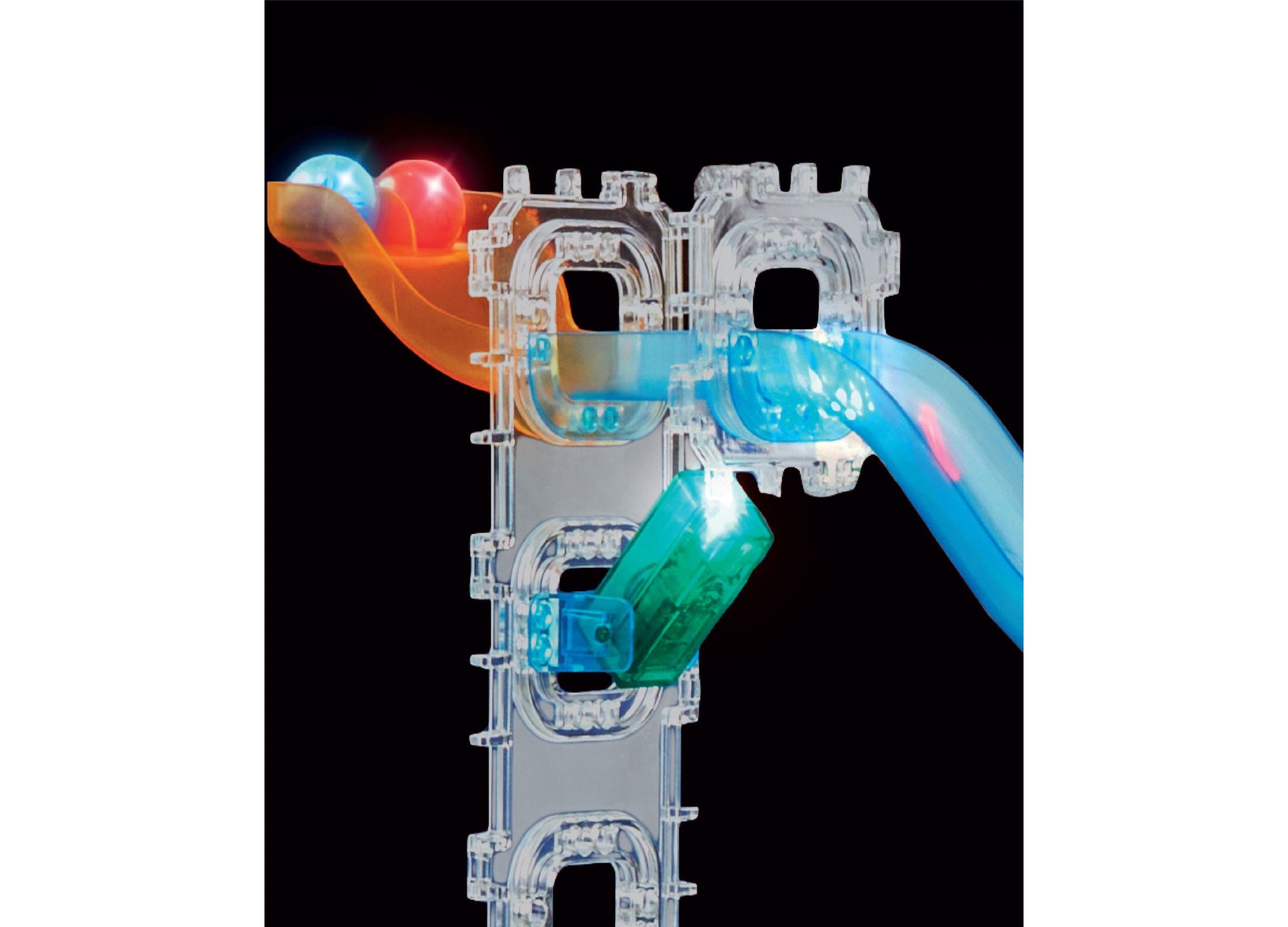 Discovery Kids MINDBLOWN Glow Roll Marble Run with glowing blue and red marbles