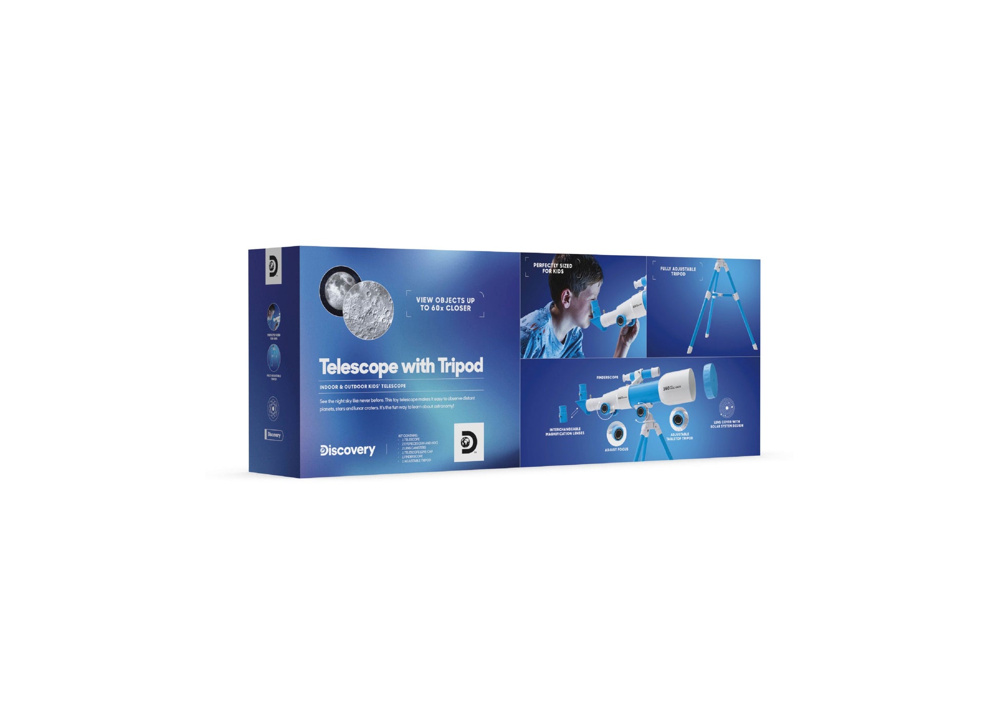 Discovery Kids Telescope with Tripod blue box showing magnification features and included accessories