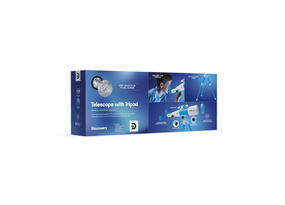 Discovery Kids Telescope with Tripod blue box showing magnification features and included accessories