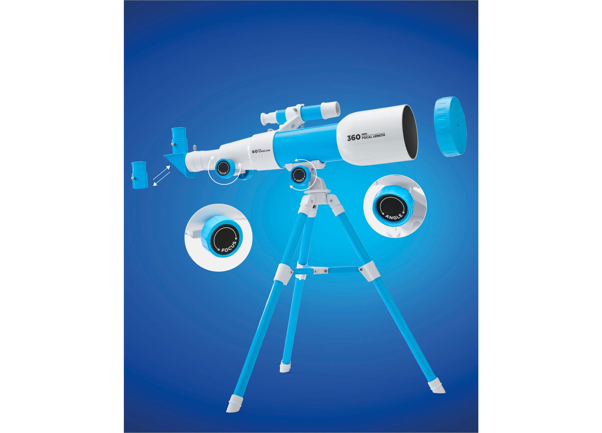 Discovery Kids Toy Telescope with blue and white tripod stand and accessories