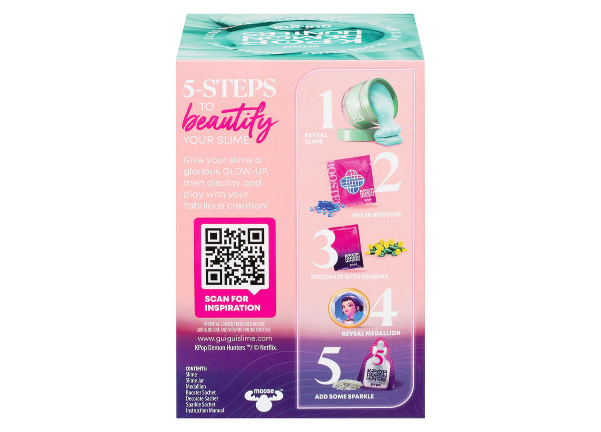 Gui Gui K-Pop Demon Hunters Slime Single Pack box showing 5-step beautification process with turquoise jar, pink pack...