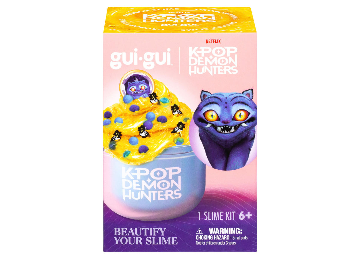 Gui Gui K-Pop Demon Hunters Slime Single Pack with yellow slime and purple demon character on pink packaging