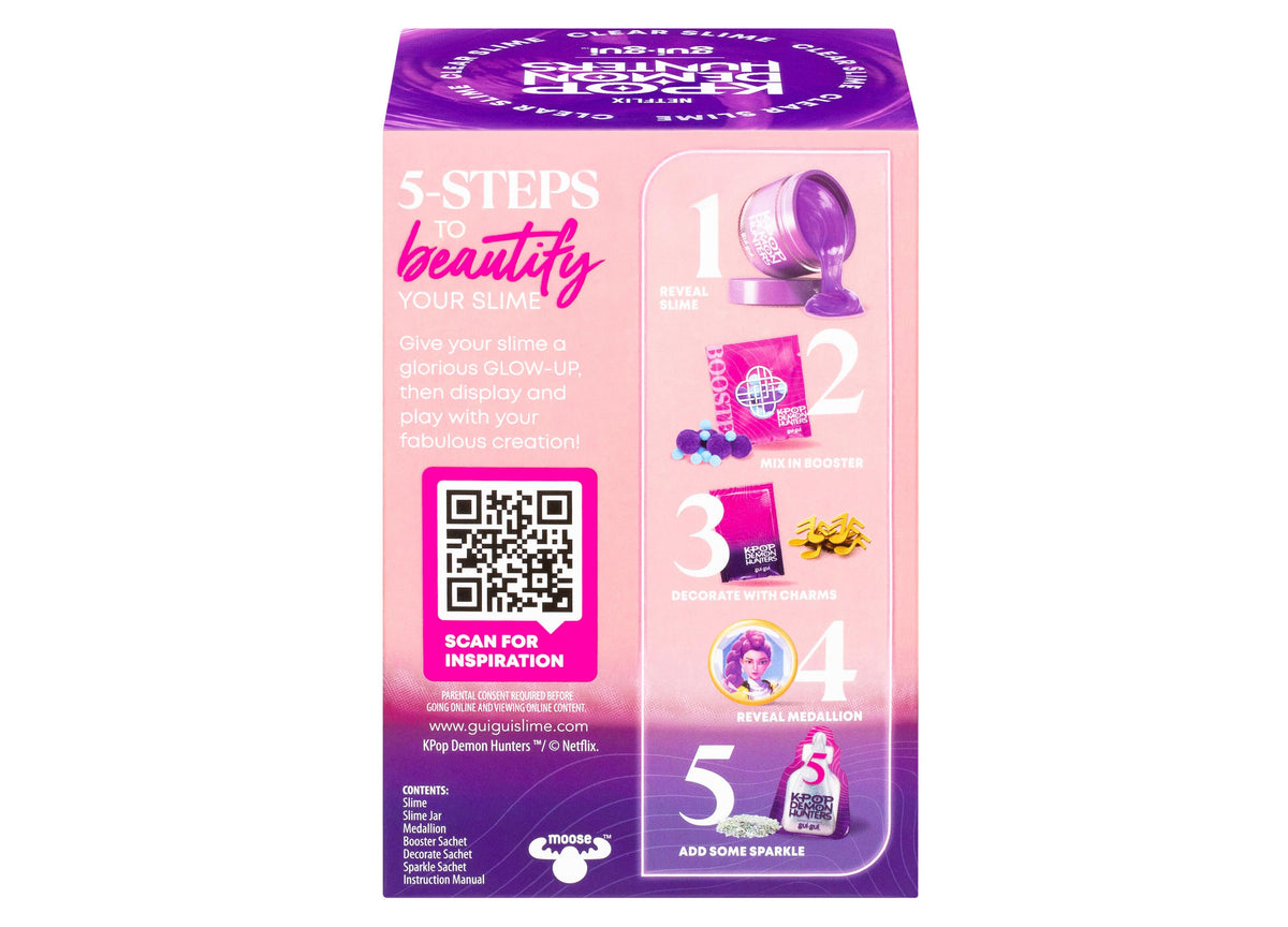Gui Gui K-Pop Demon Hunters Slime Single Pack with purple jar, pink packaging, and 5-step beautify instructions