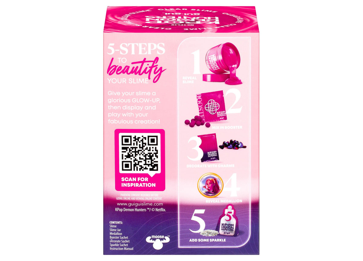 Gui Gui K-Pop Demon Hunters Slime Single Pack with pink packaging showing 5-step instructions and collectible charact...
