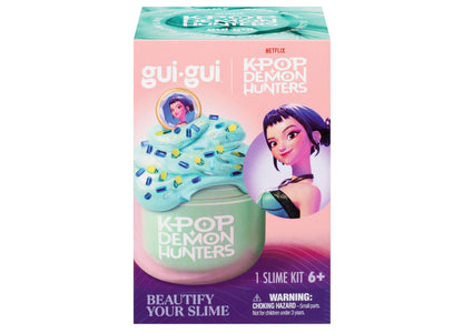 Gui Gui K-Pop Demon Hunters Slime Single Pack with turquoise container, blue and yellow decorative pieces, and charac...