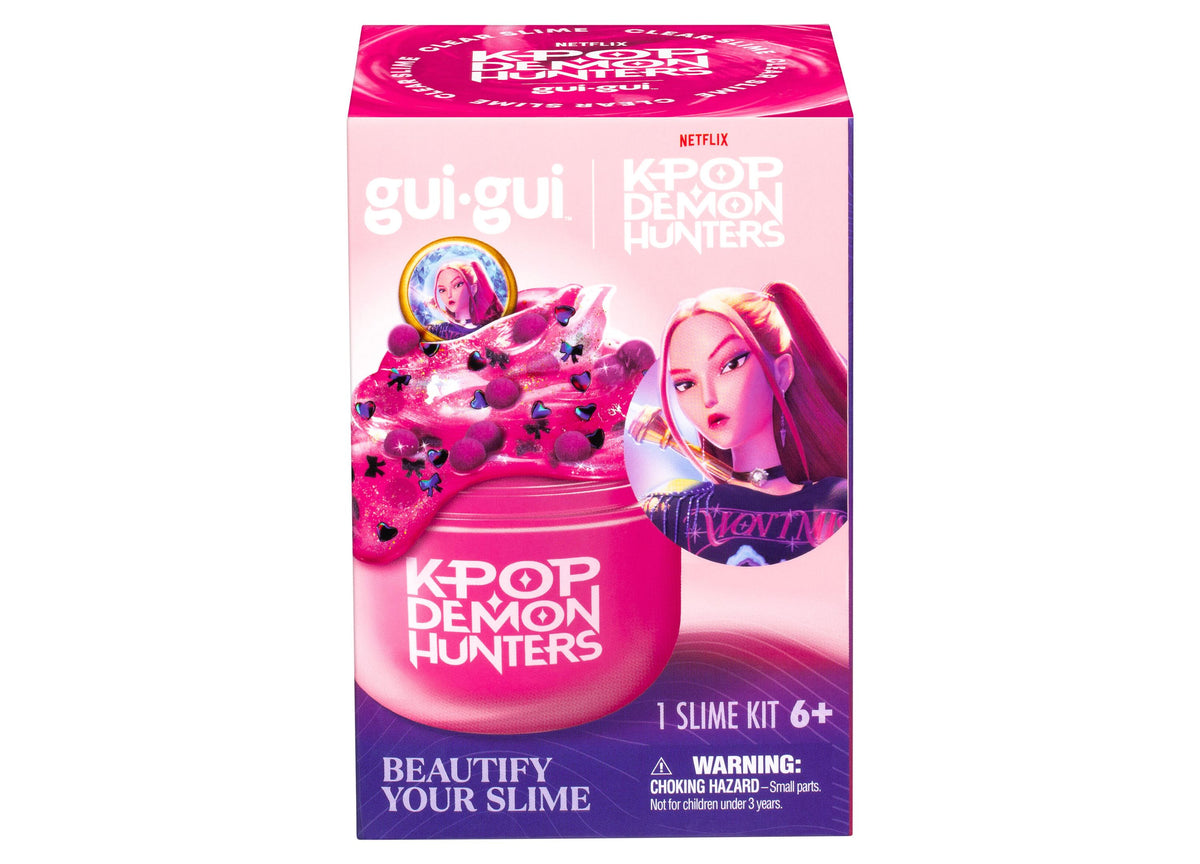 Gui Gui K-Pop Demon Hunters Slime Single Pack with pink container, character portrait, and sparkly slime display
