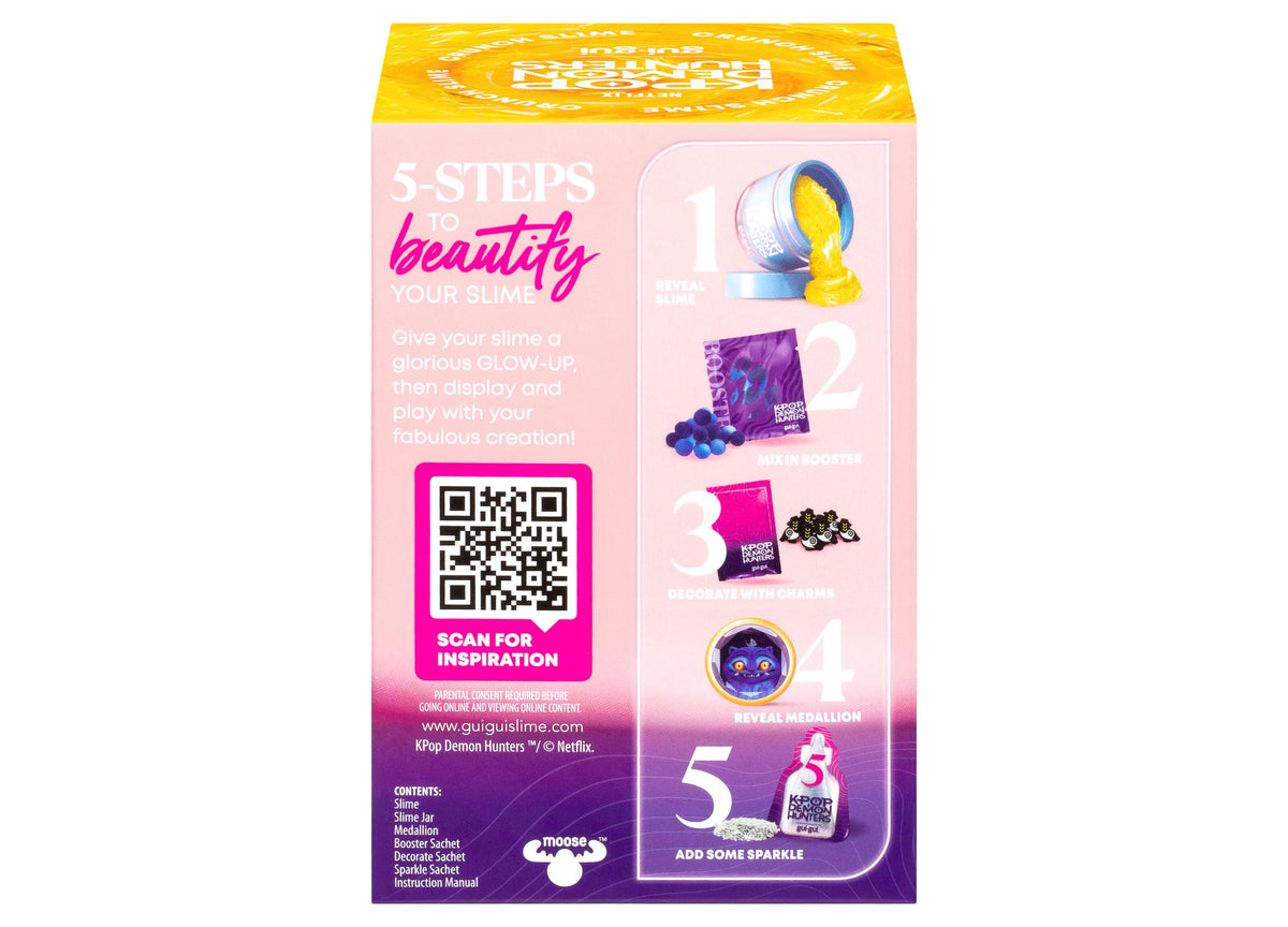 Gui Gui K-Pop Demon Hunters Slime Single Pack box with yellow top, pink and purple gradient sides, showing 5-step sli...