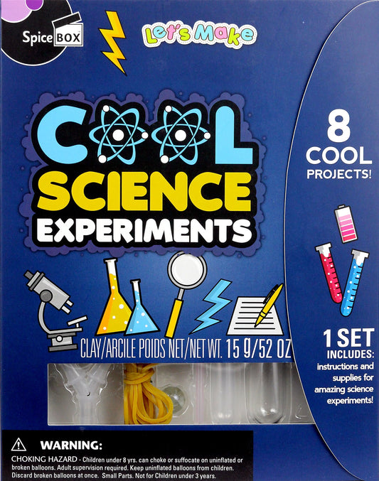 Spicebox Cool Science Experiments kit box showing atom and science icons, includes 8 projects with test tubes, microscope, and supplies