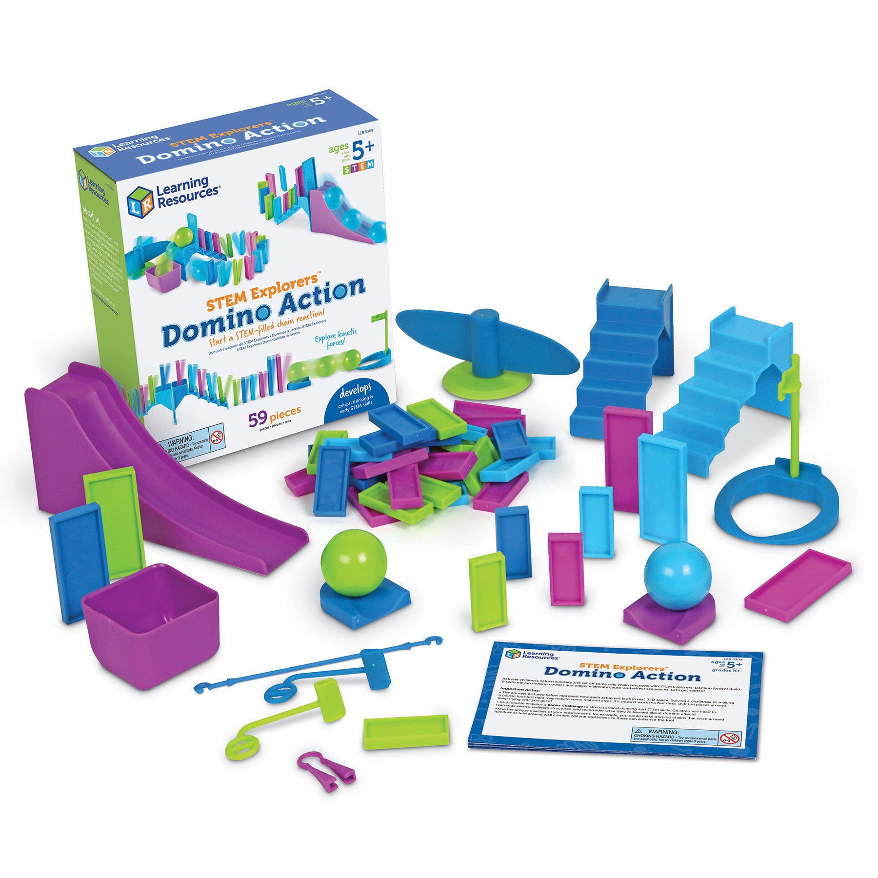 Learning Resources STEM Explorers Domino Action set with colorful building blocks, ramps, balls, and instruction guide displayed with packaging