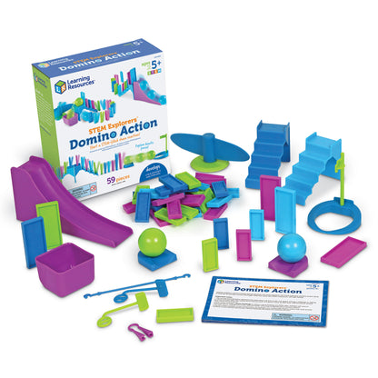 Learning Resources STEM Explorers Domino Action set with colorful building blocks, ramps, balls, and instruction guide displayed with packaging