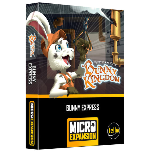 Bunny Kingdom: Bunny Express Expansion box featuring an animated white rabbit with orange accents holding a golden telescope, with game title and Micro Expansio