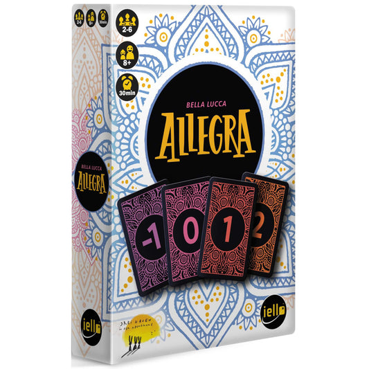 Allegra Strategic Card Game box showing decorative blue and gold mandala pattern with numbered cards -1, 0, 1, 2 displayed, ages 8+, 2-6 players, 30 minutes gam