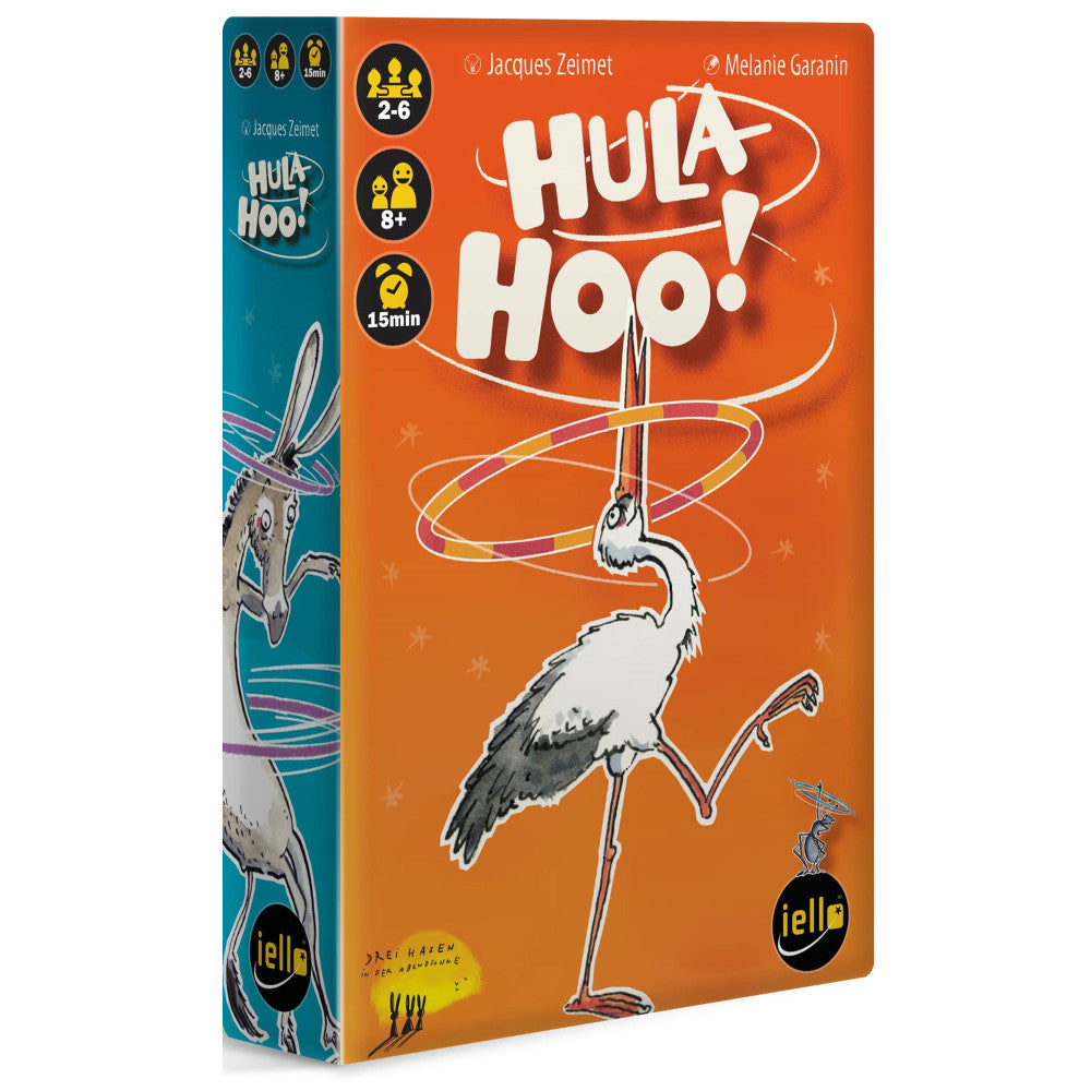 Hula Hoo card game box showing an illustrated stork spinning hula hoops, orange cover with game icons indicating ages 2-6, 8+, and 15-minute play time