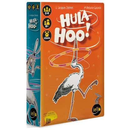 Hula Hoo card game box showing an illustrated stork spinning hula hoops, orange cover with game icons indicating ages 2-6, 8+, and 15-minute play time