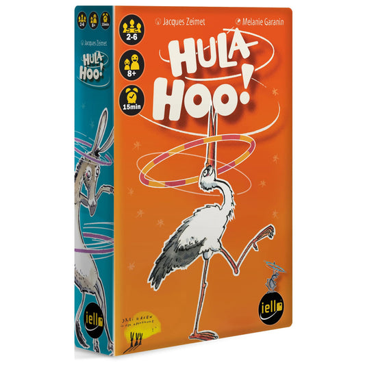 Hula Hoo card game box showing an illustrated stork spinning hula hoops, orange cover with game icons indicating ages 2-6, 8+, and 15-minute play time